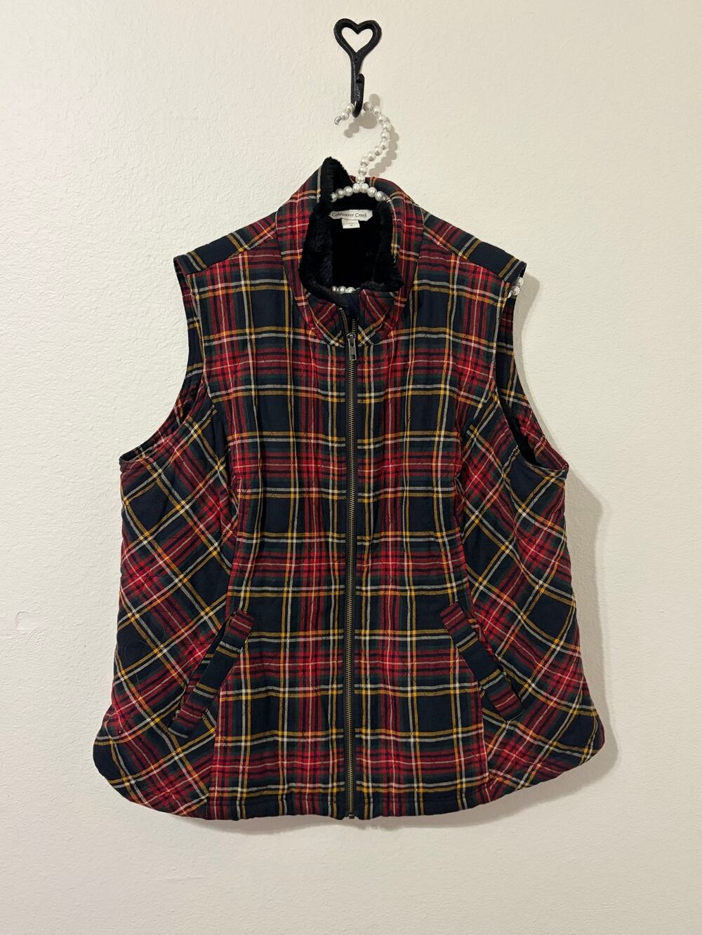 Coldwater Creek Size 1X Vest Plaid Faux Fur Lined Full Zip Winter Preppy Holiday